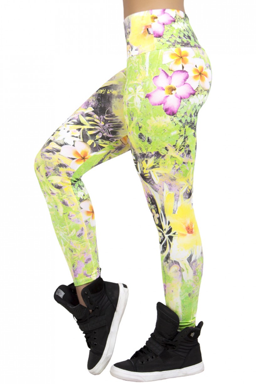 Legging Estampada Flor Branca e Laranja com Folha Verde e Amarela | Ref: CA165 