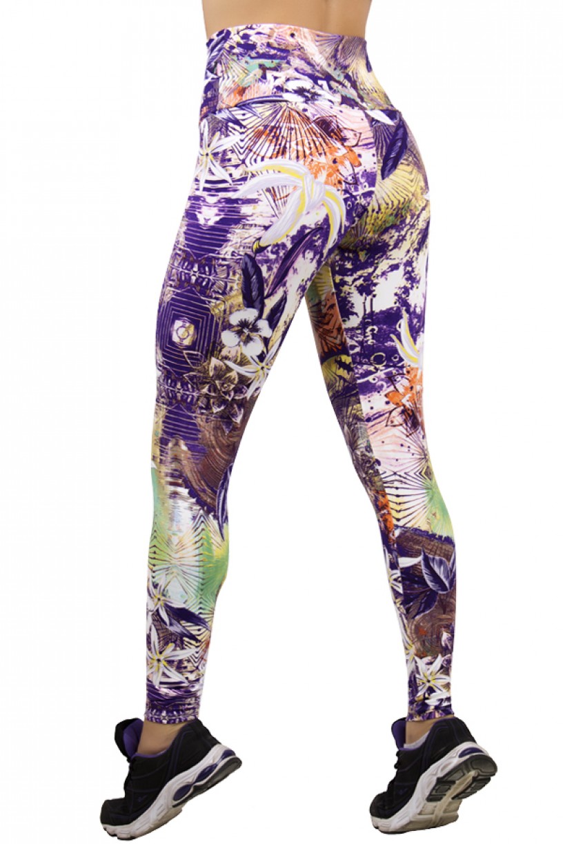 Legging Estampada Salmão e Roxo com Flor Branca