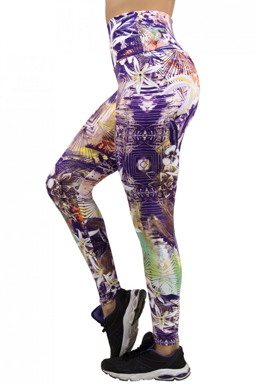 Legging Estampada Salmão e Roxo com Flor Branca