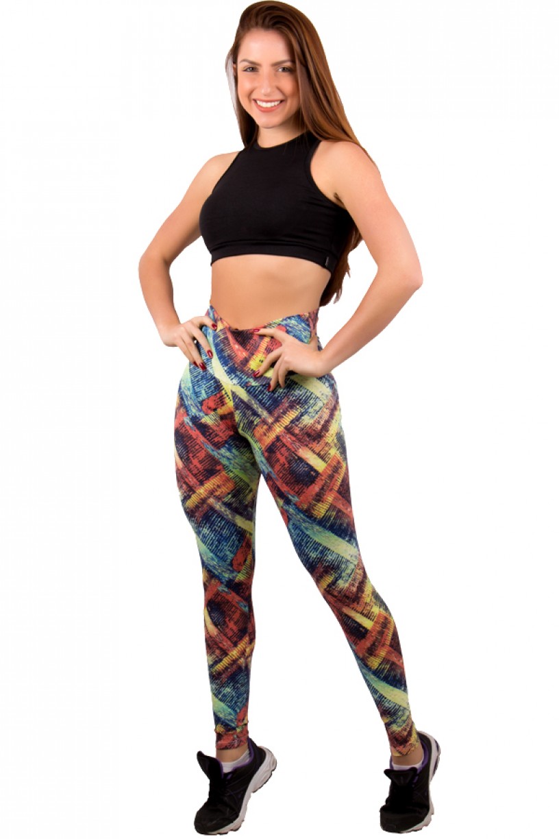 Legging Estampada Laranja e Verde com Risco Preto