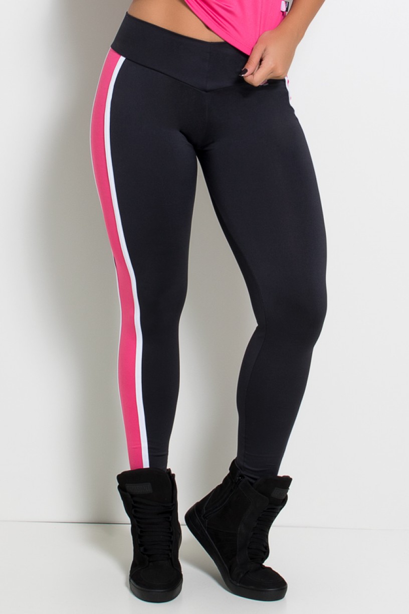 Calça Mayara com Listras (Preto / Rosa Pink / Branco) | Ref: KS-F498-002