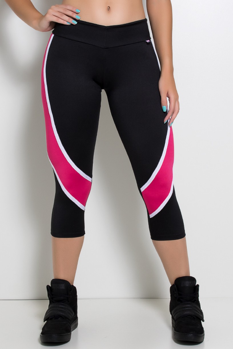 Calça Corsário Candice S. com Listras (Preto + Branco + Rosa Pink) | Ref: KS-F587-002