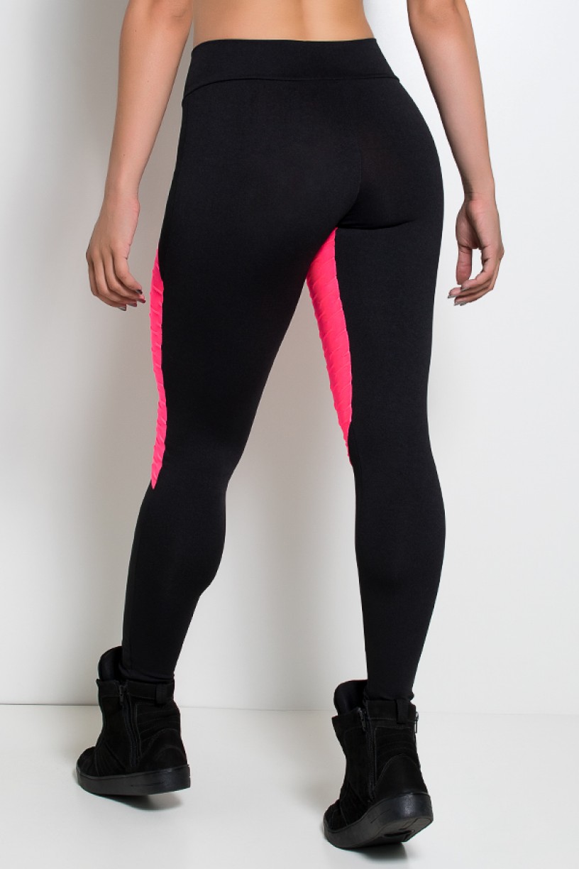 Calça Thainá Lisa com Detalhe Bolha Fluor (Preto / Rosa Fluor) | Ref: KS-F596-003