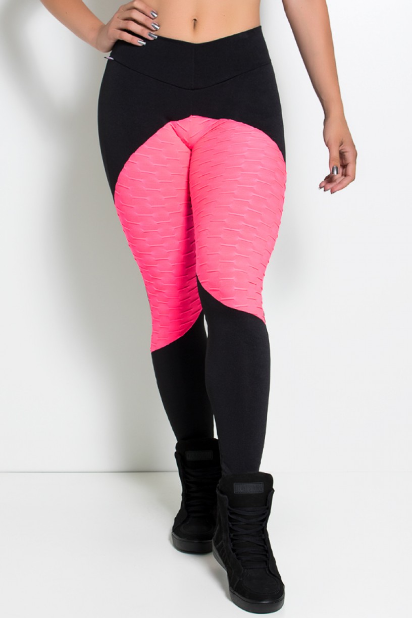 Calça Thainá Lisa com Detalhe Bolha Fluor (Preto / Rosa Fluor) | Ref: KS-F596-003