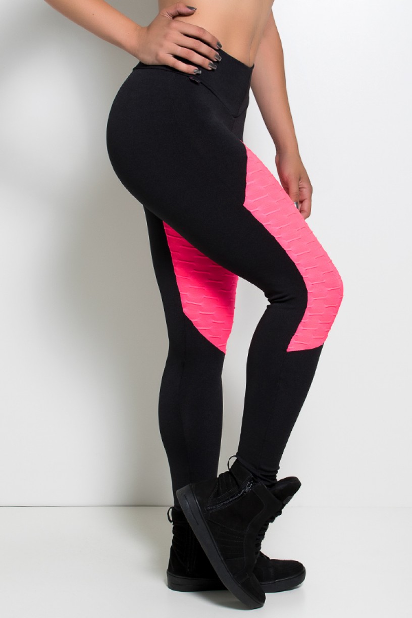 Calça Thainá Lisa com Detalhe Bolha Fluor (Preto / Rosa Fluor) | Ref: KS-F596-003