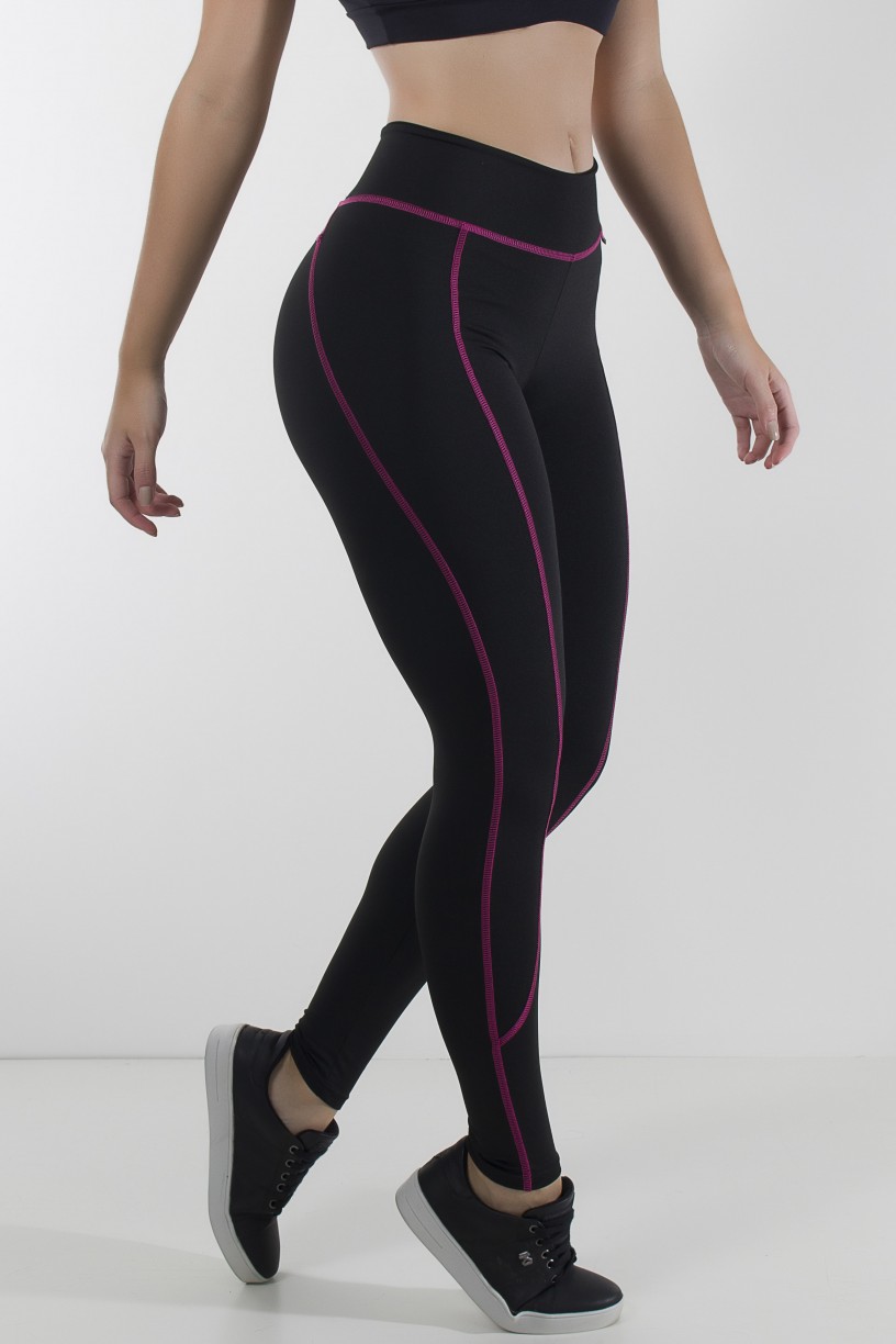 Calça Montaria com Ponto de Cobertura (Preto / Rosa Pink) | Ref: KS-F734-001