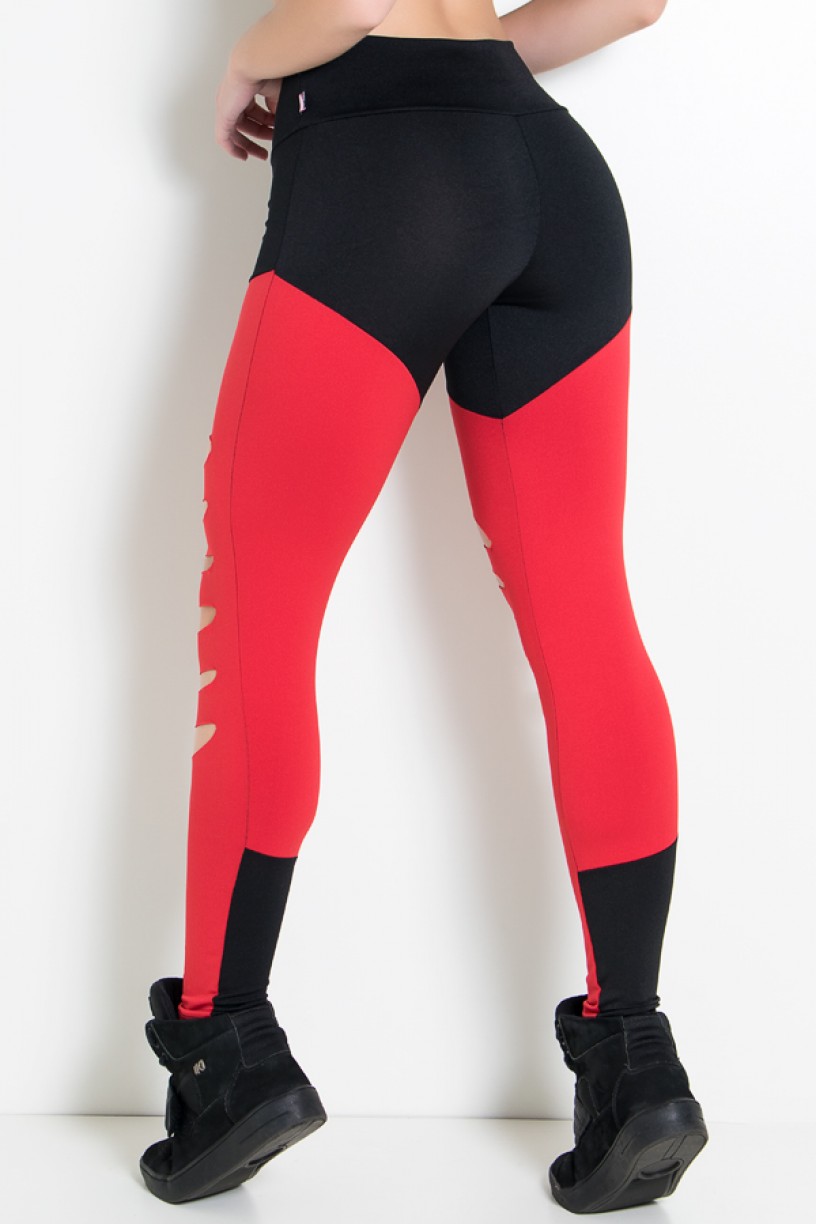 Calça Duas Cores Rasgada (Preto / Vermelho) | Ref: KS-F773-004