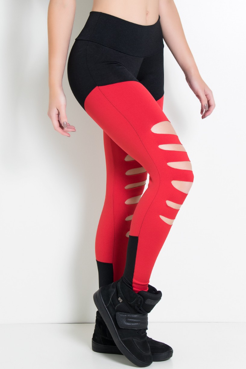 Calça Duas Cores Rasgada (Preto / Vermelho) | Ref: KS-F773-004