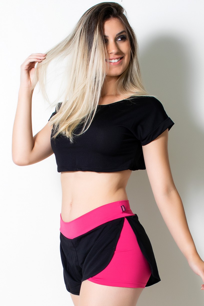 Conjunto Cropped Dry Fit + Short Liso com Detalhe Dry Fit (Preto / Rosa Pink) | Ref: KS-F855-001