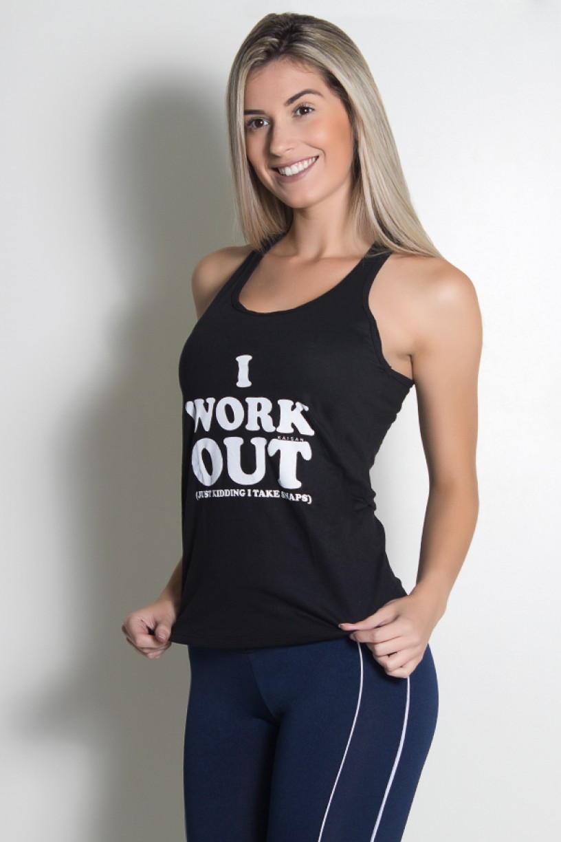 Camiseta de Malha Nadador (I Work Out) (Preto) | Ref: KS-F908-001
