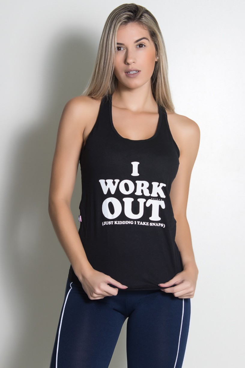 Camiseta de Malha Nadador (I Work Out) (Preto) | Ref: KS-F908-001