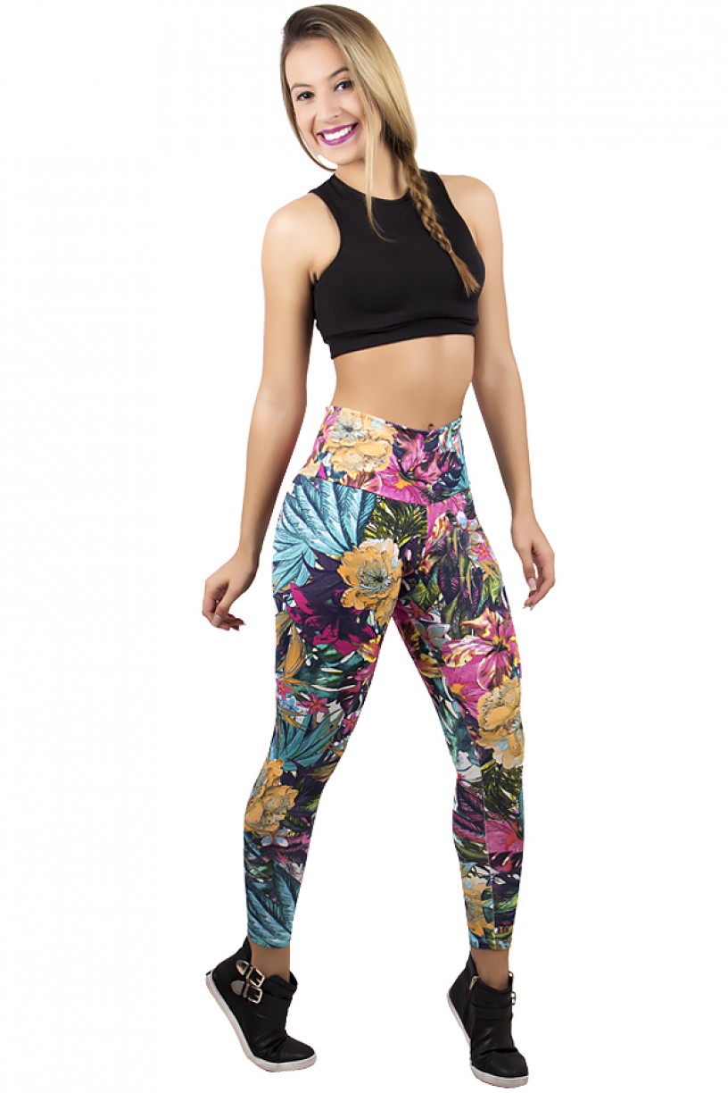 Legging Estampada Folhagem Verde e Azul com Flor Rosa | Ref: CA142