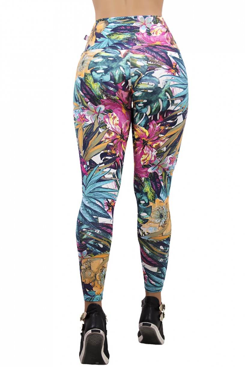 Legging Estampada Folhagem Verde e Azul com Flor Rosa | Ref: CA142
