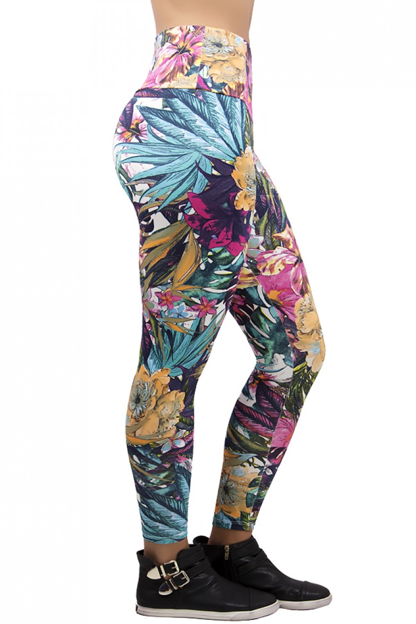 Legging Estampada Folhagem Verde e Azul com Flor Rosa | Ref: CA142