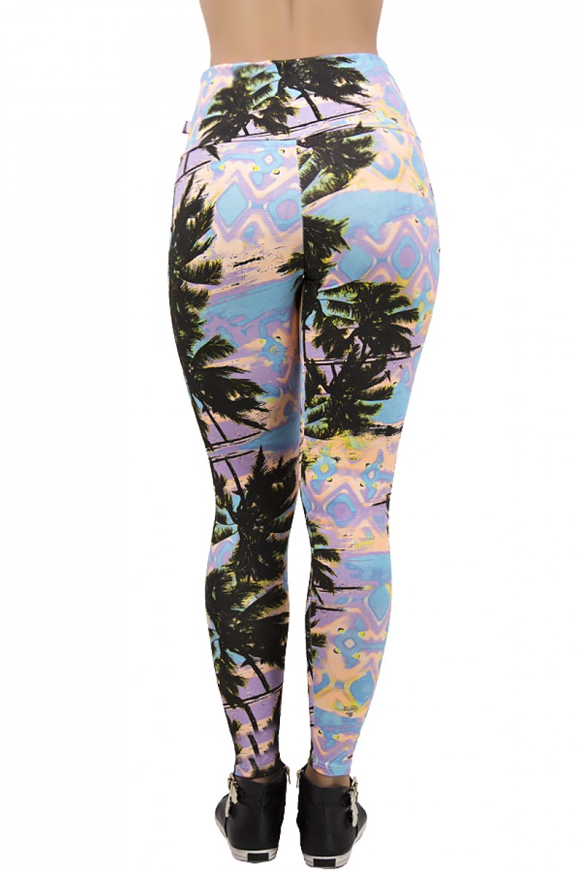 Legging Estampada Salmão Roxo e Azul com Coqueiros | Ref: CA150 