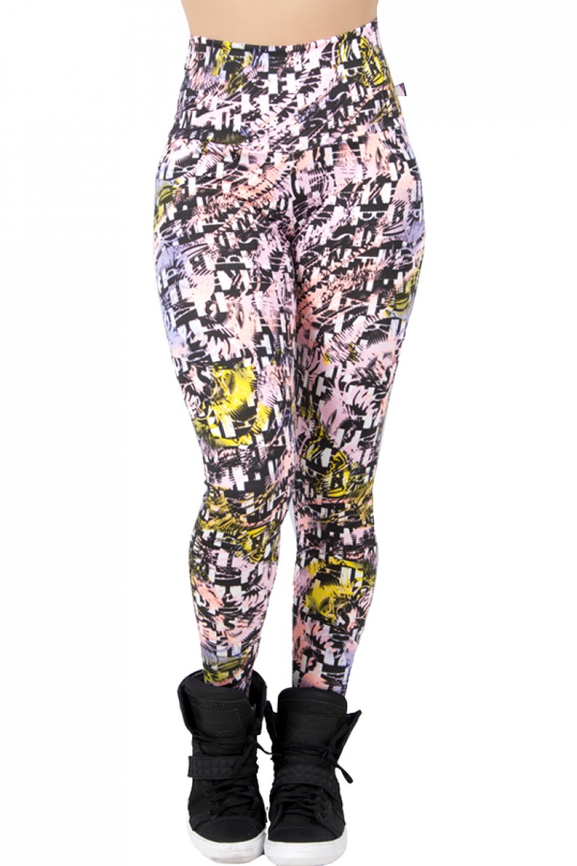 Legging Estampada Abstrato Preto com Rosa e Salmão Fluor