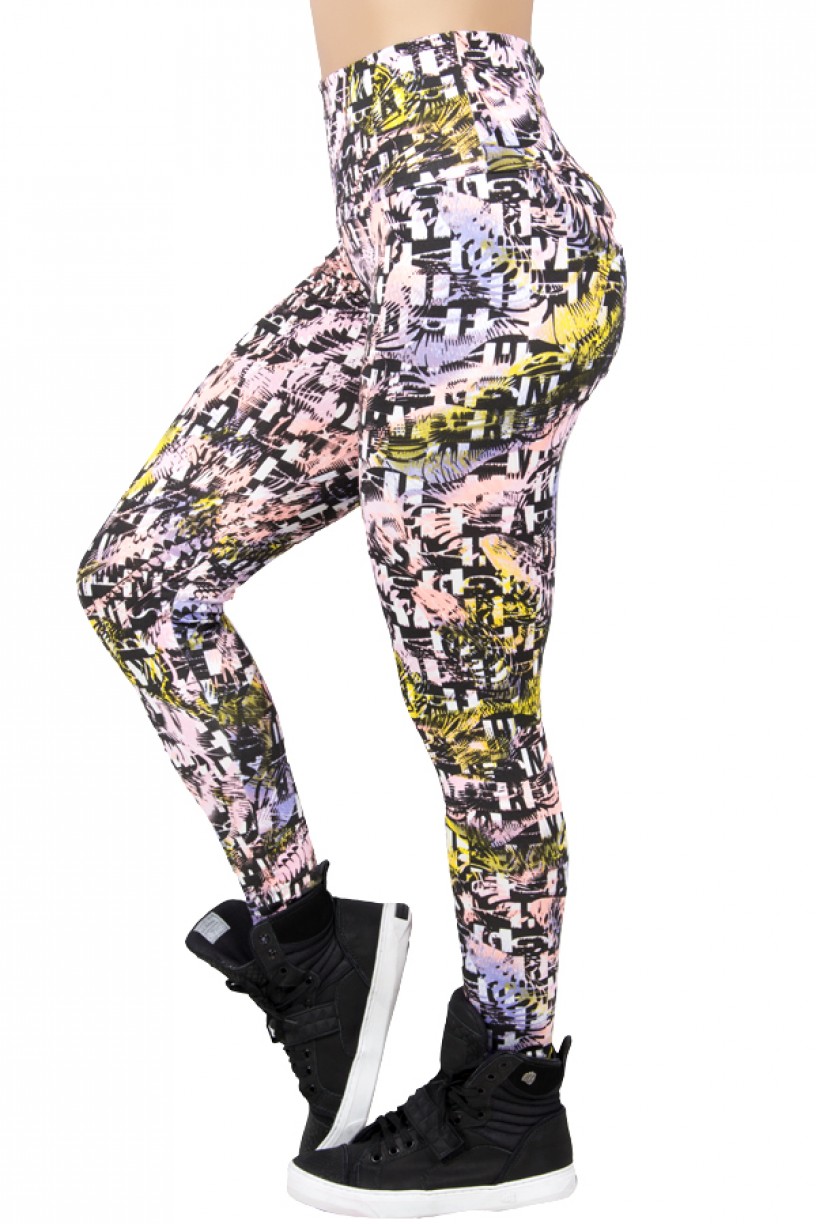 Legging Estampada Abstrato Preto com Rosa e Salmão Fluor