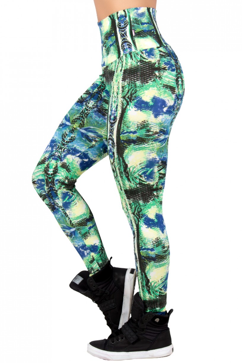 Legging Estampada Verde e Azul com Tribal Preto | Ref: CA252