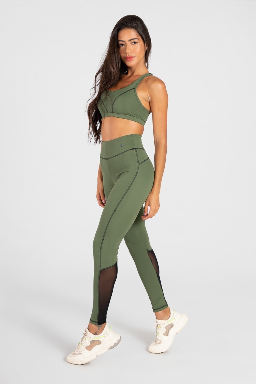 Legging de Poliamida com Tule e Detalhe Collor (Verde Militar) | Ref: GO40-C