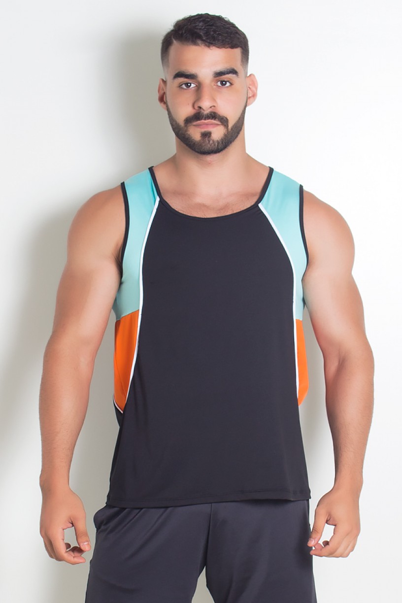 Camiseta de Microlight Masculina 3 Cores com Vivo (Preto - Verde Água - Laranja com Vivo Branco) | Ref: KS-H04-001