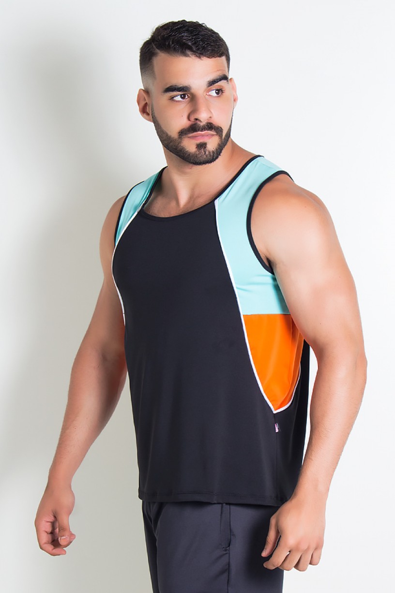 Camiseta de Microlight Masculina 3 Cores com Vivo (Preto - Verde Água - Laranja com Vivo Branco) | Ref: KS-H04-001