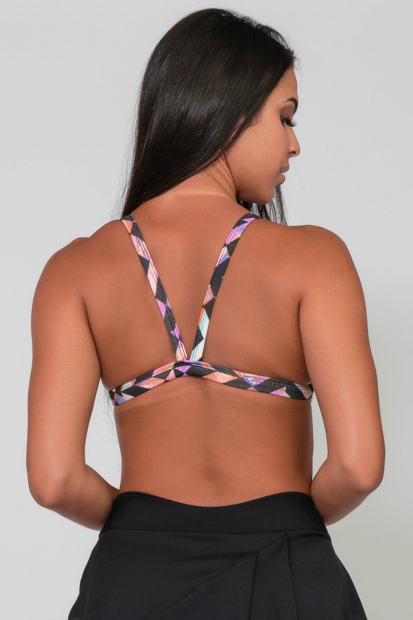 Top Fitness Estampado (Mosaico Preto Com Salmão Roxo E Verde) | Ref: K2568-B