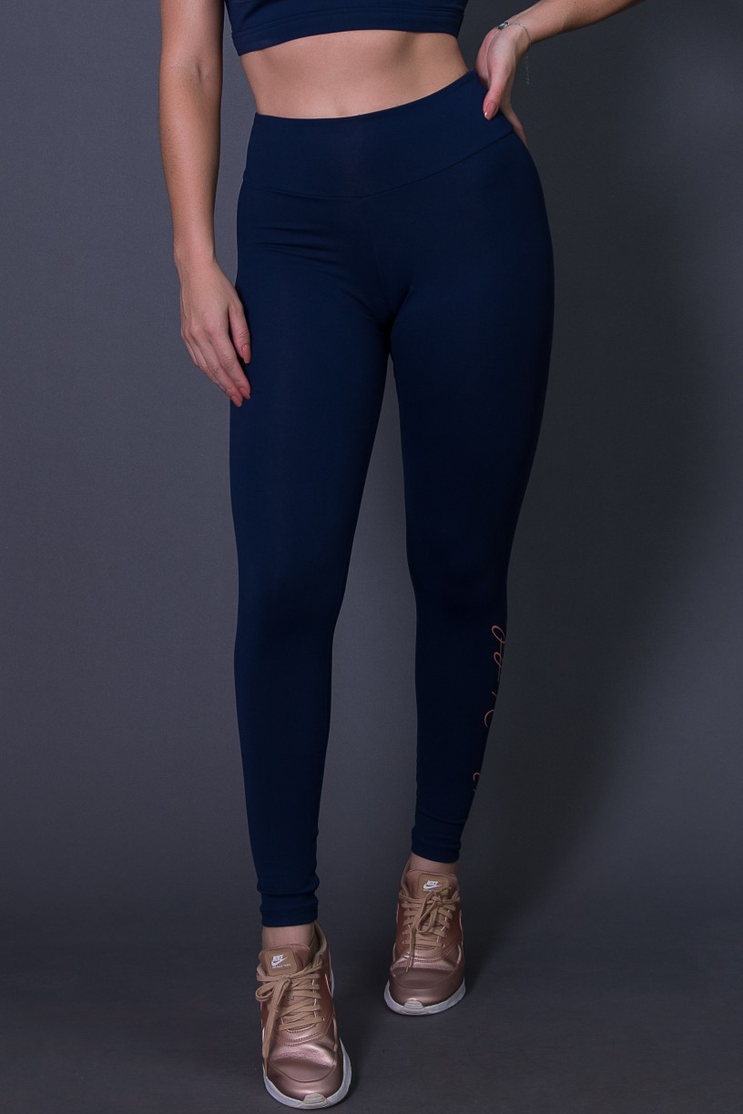 Calça Legging Fitness com Silk Assinatura Pequena (Azul Marinho / Salmão) | Ref: K2583-B