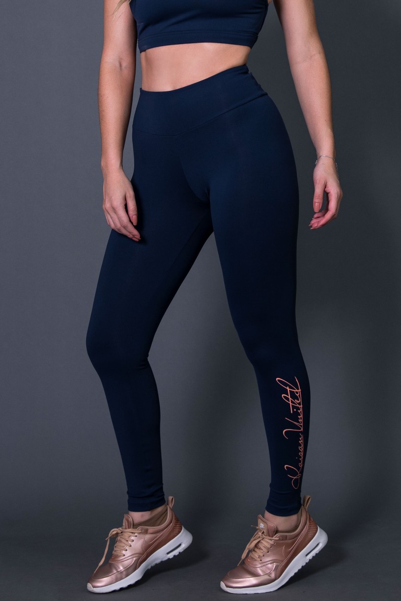 Calça Legging Fitness com Silk Assinatura Pequena (Azul Marinho / Salmão) | Ref: K2583-B