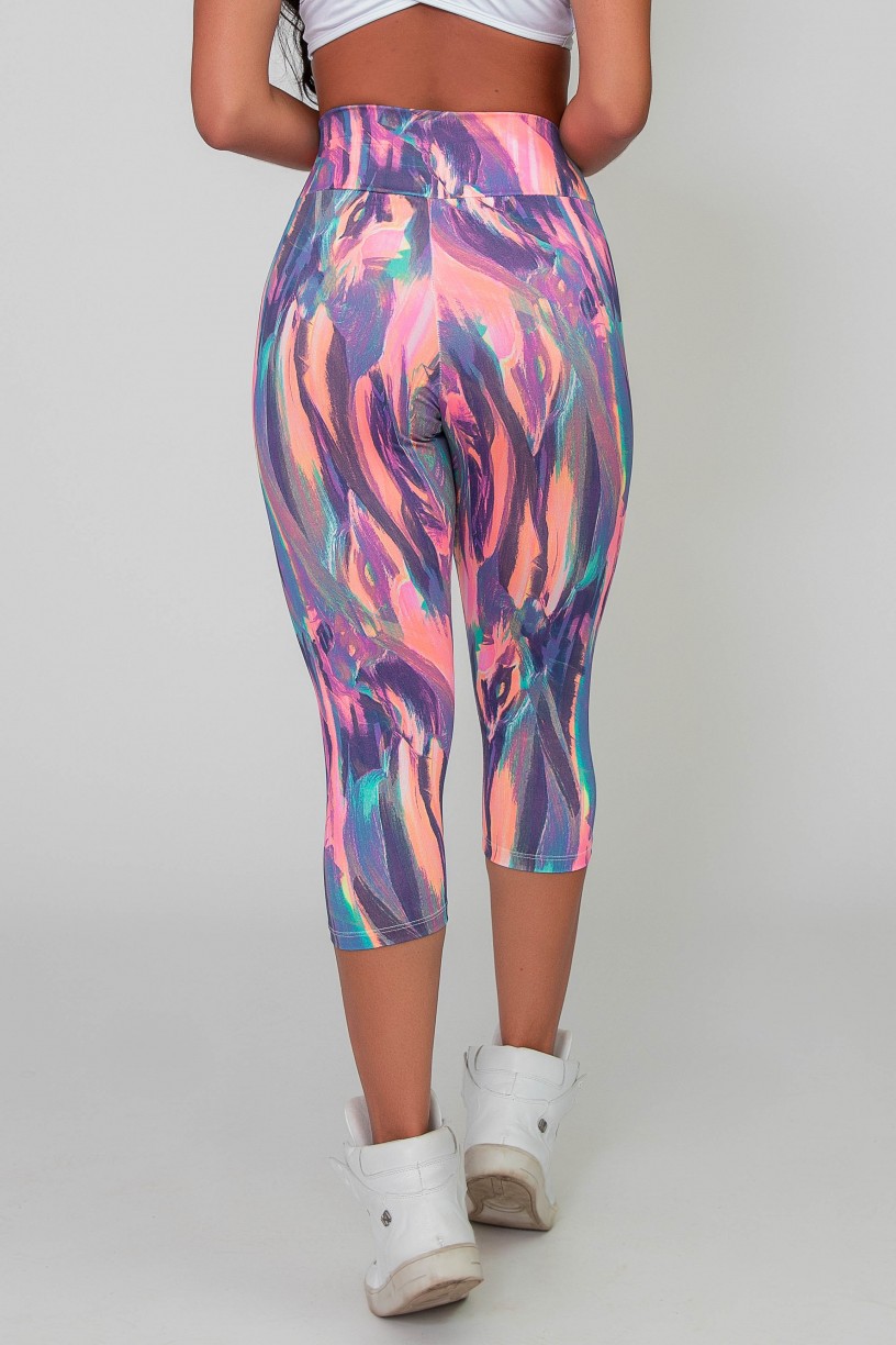Calça Corsário Estampada (Borrado Roxo Salmão e Verde Fluor) | Ref: K2586-A