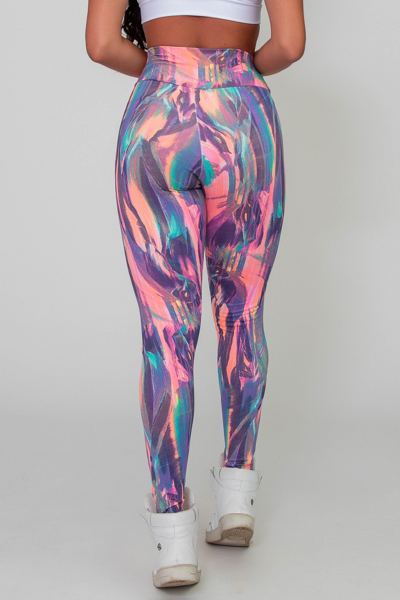 Calça Legging Básica Estampada (Borrado Roxo Salmão e Verde Fluor) | Ref: K2588-A