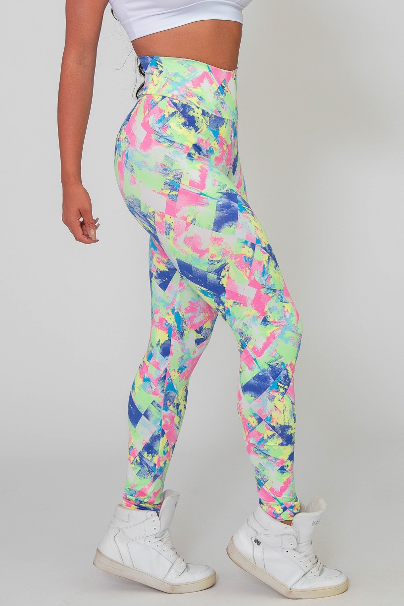 Calça Legging Básica Estampada (Losango Azul Rosa e Verde Limão) | Ref: K2588-D