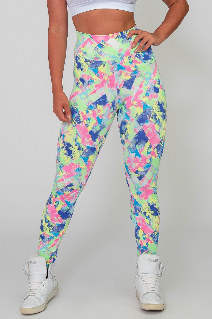 Calça Legging Básica Estampada (Losango Azul Rosa e Verde Limão) | Ref: K2588-D