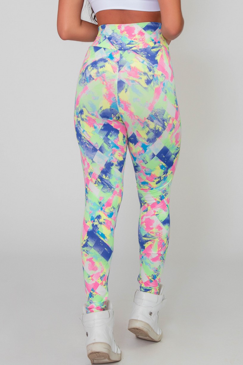 Calça Legging Básica Estampada (Losango Azul Rosa e Verde Limão) | Ref: K2588-D