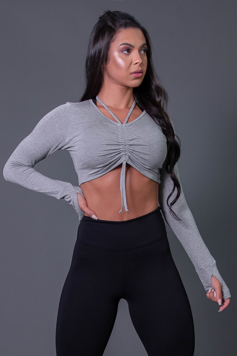 Cropped Fitness Manga Longa com Detalhe Franzido (Mescla) | Ref: K2594-C