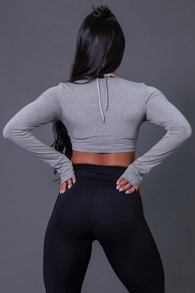 Cropped Fitness Manga Longa com Detalhe Franzido (Mescla) | Ref: K2594-C