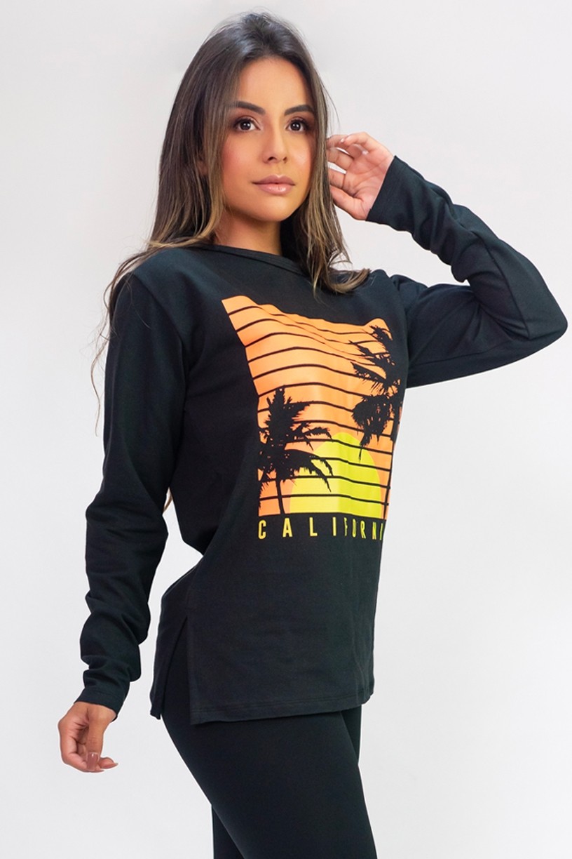 Blusa Manga Longa de Moletom com Abertura Lateral e Silk (Preto / Laranja) | Ref: K2798-B