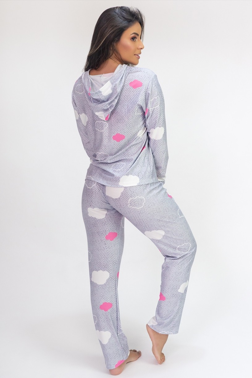 Pijama de Manga Longa com Capuz e Calça Estampa Digital (Puff Clouds) | Ref: K2813