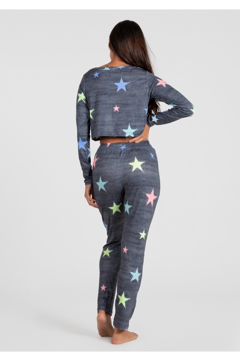 Pijama Cropped de Manga Longa e Calça Estampa Digital (Stars) | Ref: K2814