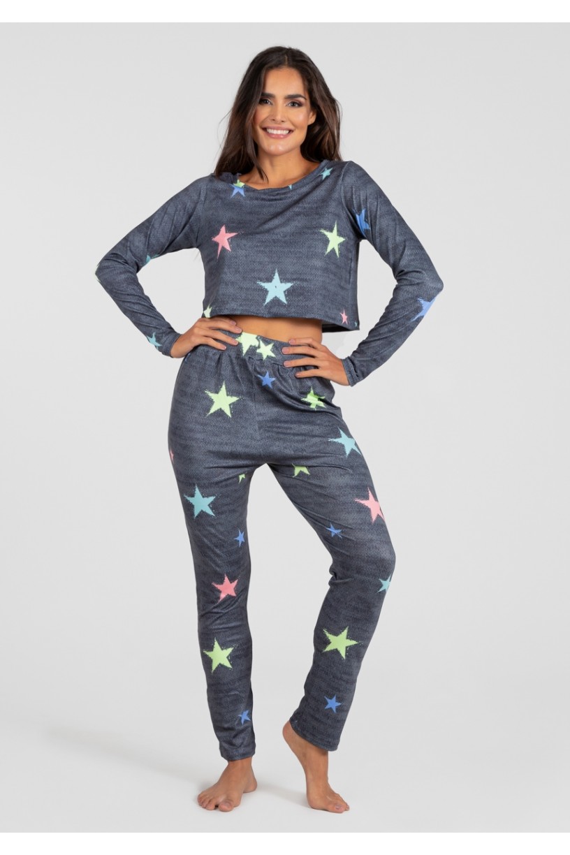 Pijama Cropped de Manga Longa e Calça Estampa Digital (Stars) | Ref: K2814