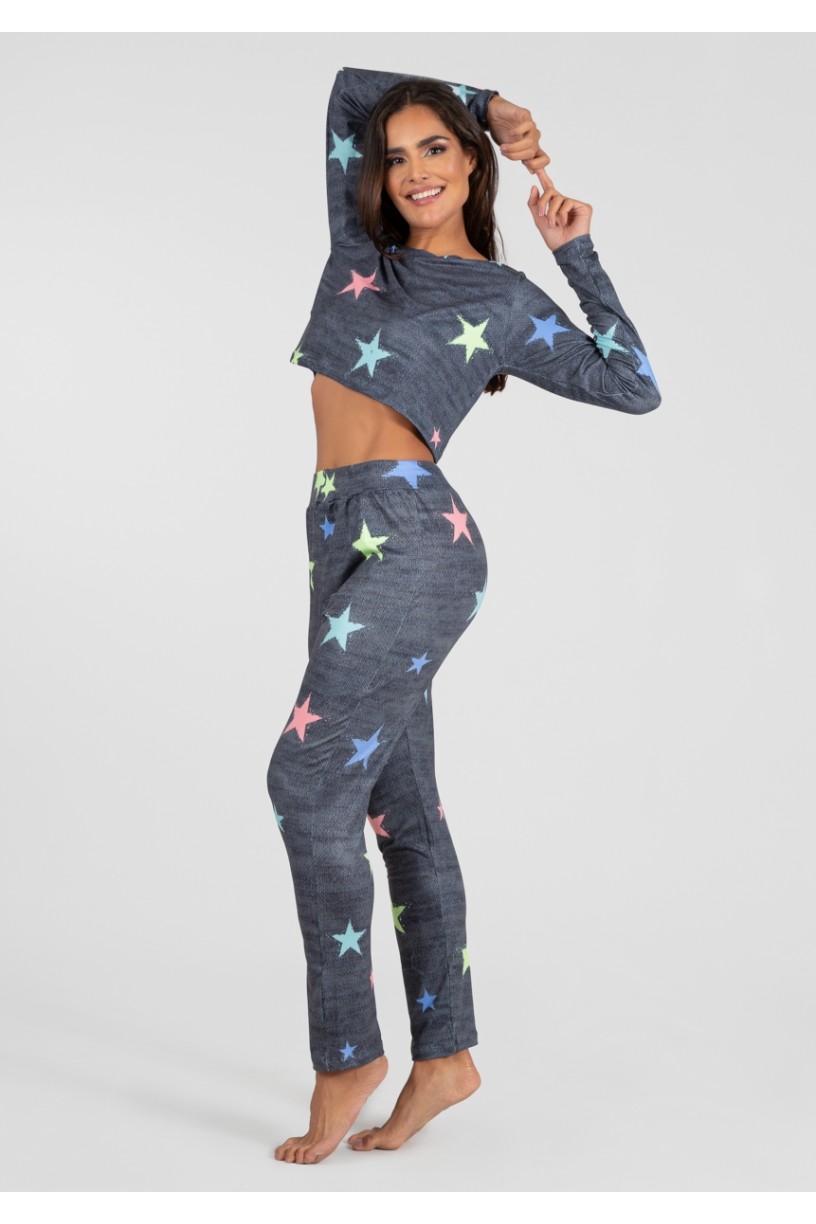 Pijama Cropped de Manga Longa e Calça Estampa Digital (Stars) | Ref: K2814