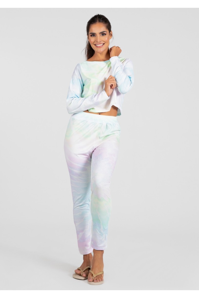 Pijama Cropped de Manga Longa e Calça Estampa Digital (Tie Dye) | Ref: K2815