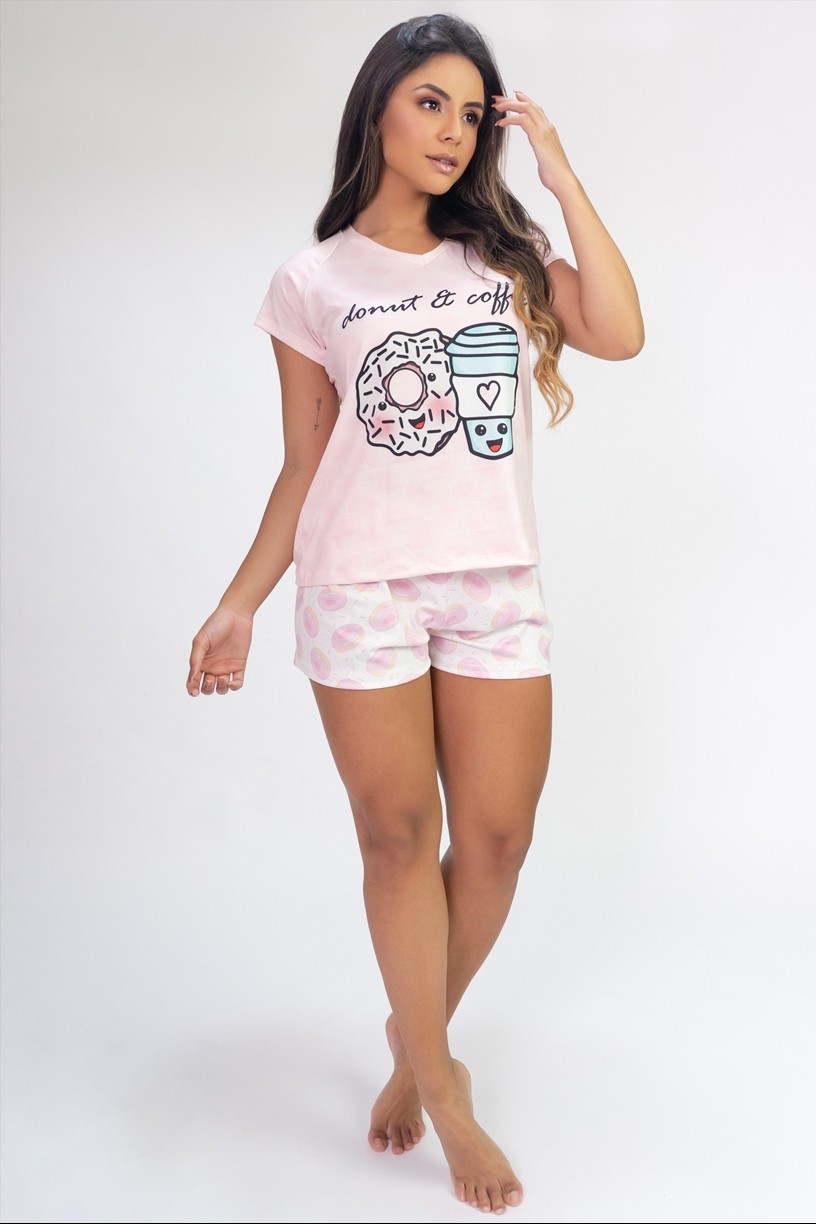 Pijama de Manga Curta e Short Estampa Digital (Donut & Coffee) | Ref: K2817