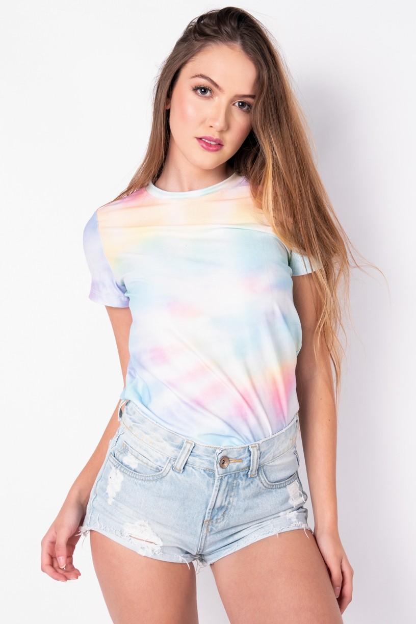 Blusa Básica com Nozinho Estampa Digital Tie Dye (Arco-Íris Claro) | Ref: K2829-C