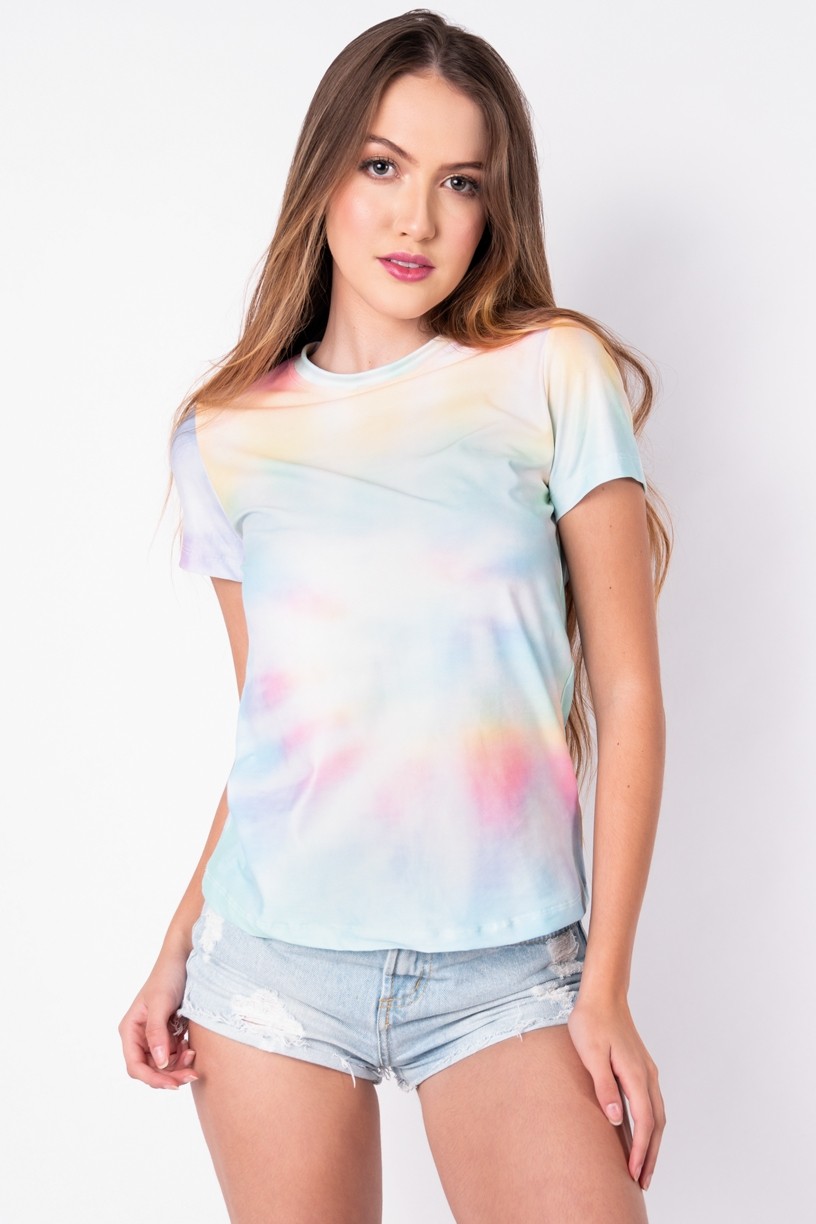 Blusa Básica com Nozinho Estampa Digital Tie Dye (Arco-Íris Claro) | Ref: K2829-C