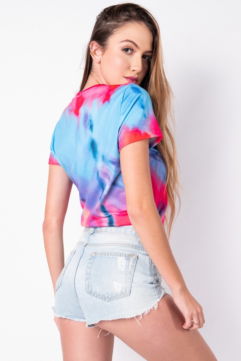 Blusa Básica com Nozinho Estampa Digital Tie Dye (Azul / Amarelo) | Ref: K2829-I