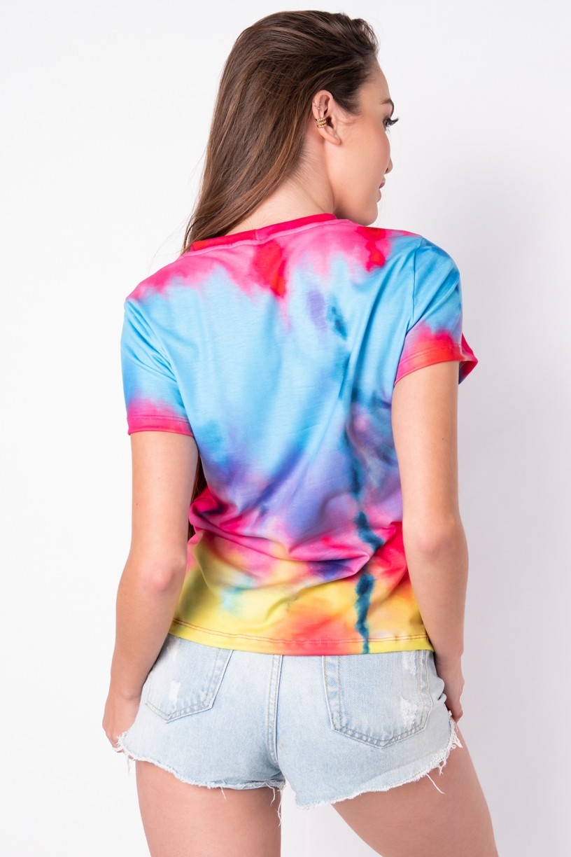 Blusa Básica com Nozinho Estampa Digital Tie Dye (Azul / Amarelo) | Ref: K2829-I