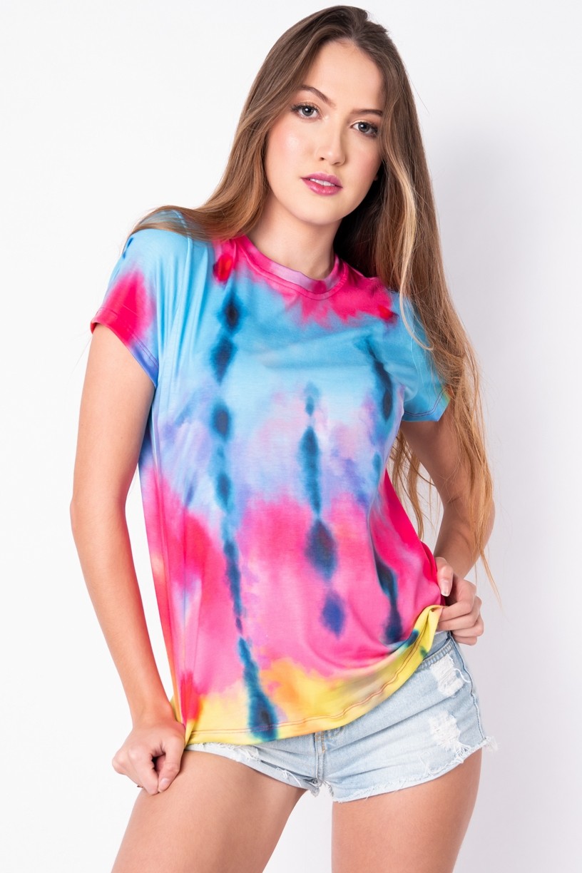 Blusa Básica com Nozinho Estampa Digital Tie Dye (Azul / Amarelo) | Ref: K2829-I