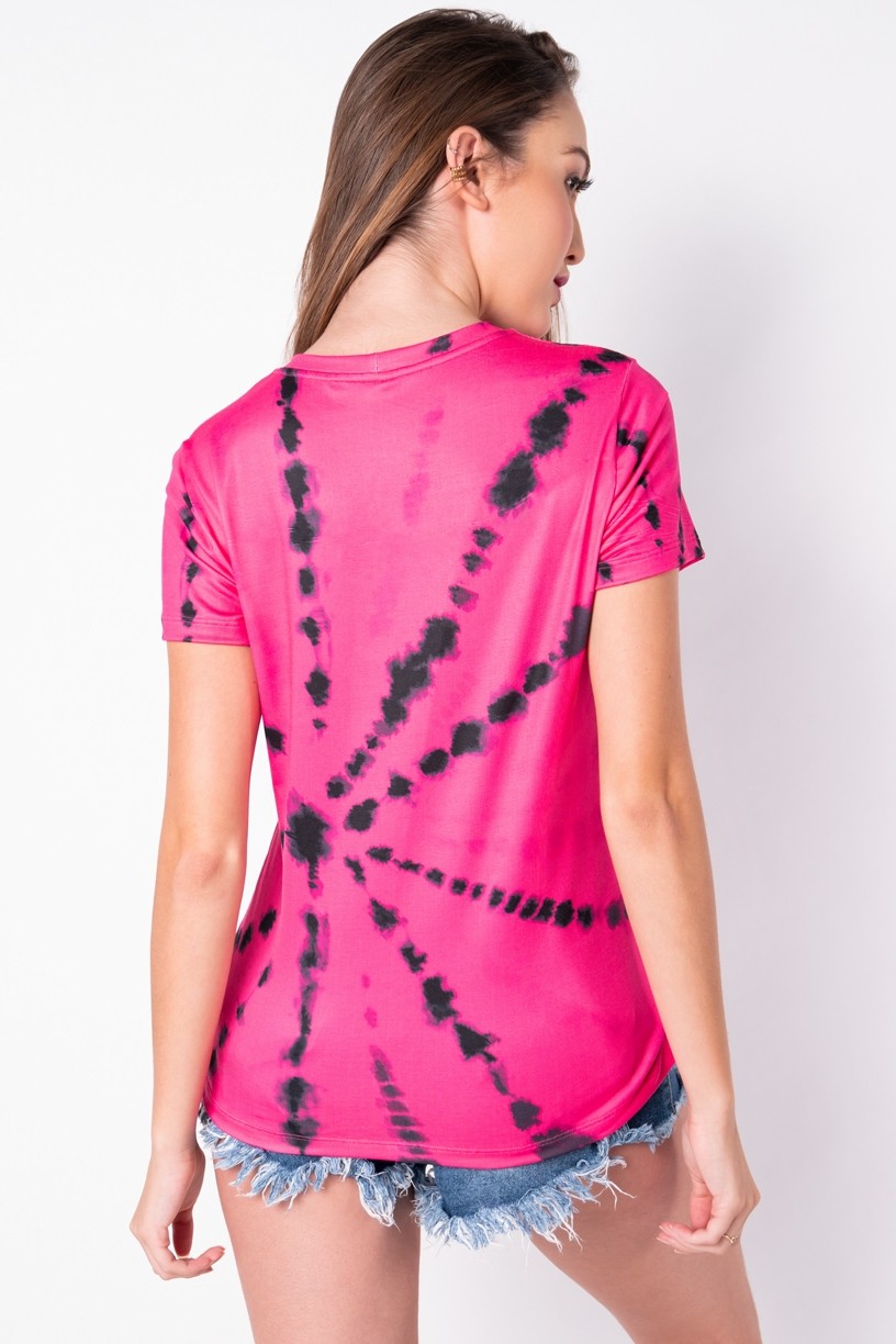 Blusa Básica com Nozinho Estampa Digital Tie Dye (Pink / Preto) | Ref: K2829-J