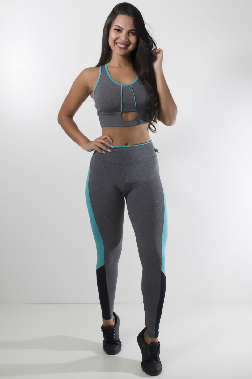 Conjunto Top + Legging Mescla com Detalhe Liso | Ref: KS-F1382-001