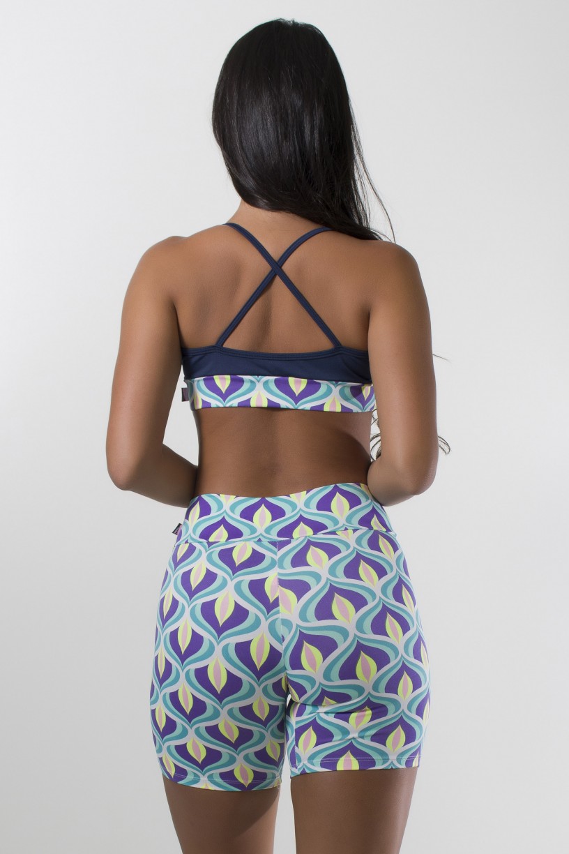 Conjunto Bermuda Estampada e Top de Alcinha Liso com Cós Estampado (Ondulado Verde Roxo e Amarelo/Azul Marinho) | Ref: KS-F1599-001 